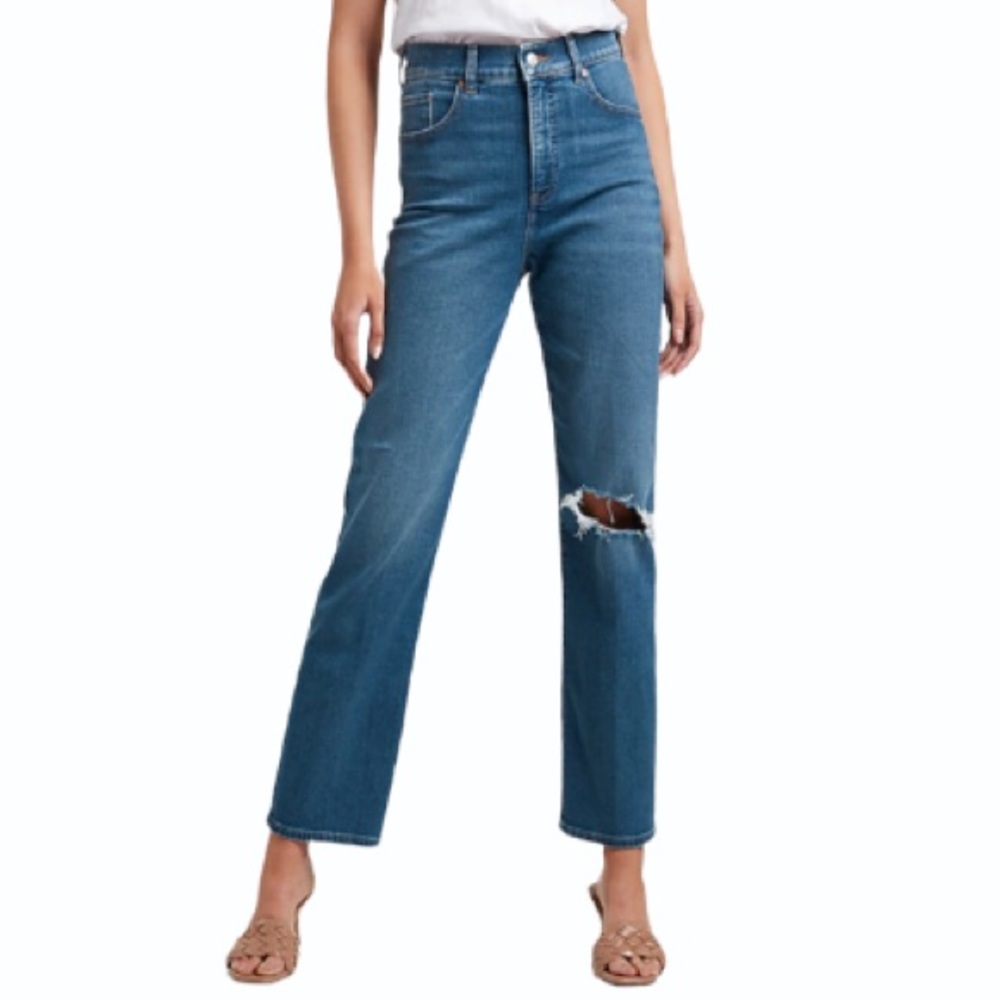 Express Modern Straight High Rise Distress Jeans